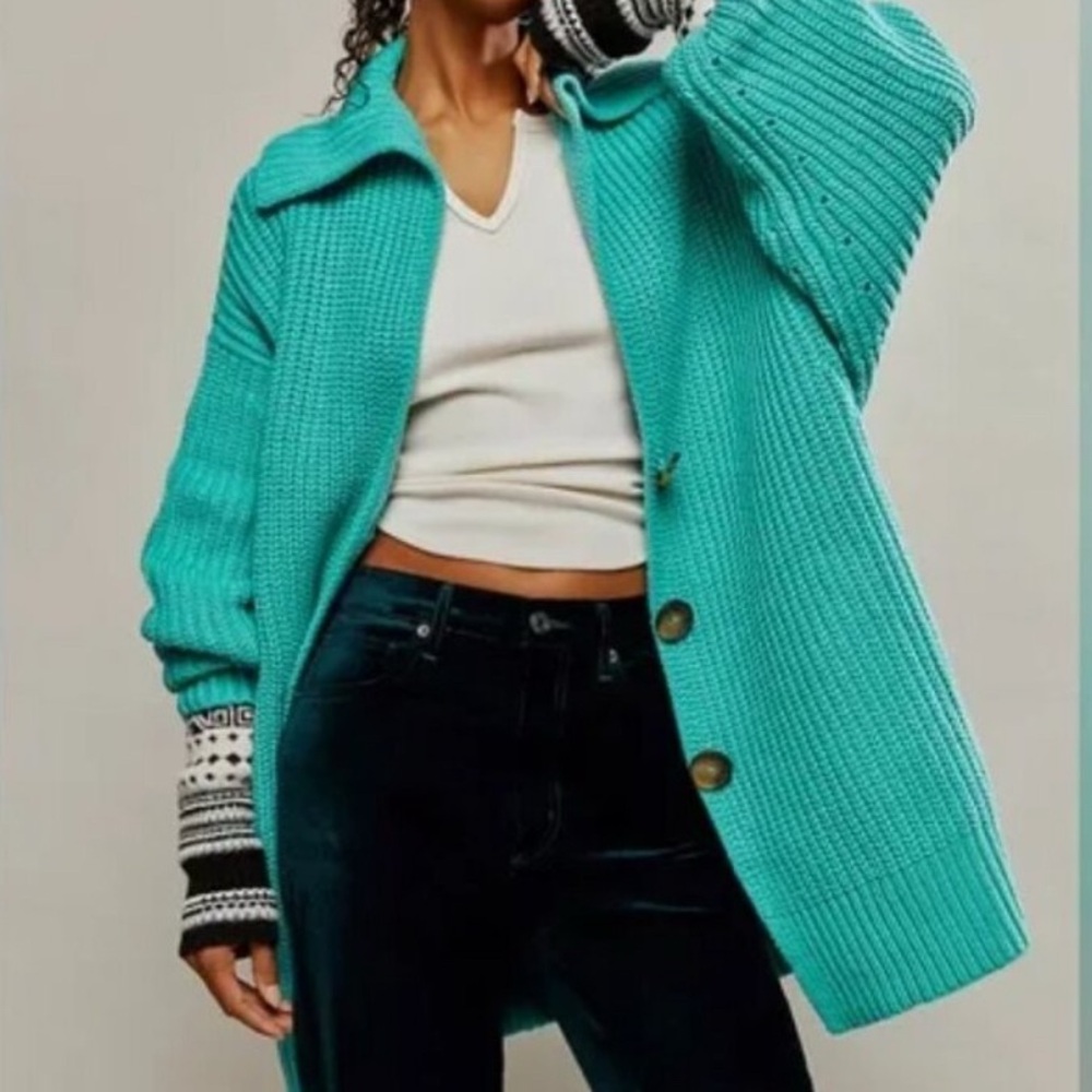 037 Free People Swim Too Deep Cardi Oversized Sweater/Turquoise NWOT Size…